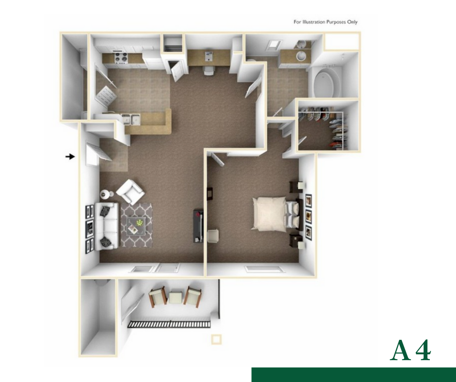 Floor plan for 1 bed, 1 bath, 770 sqft
